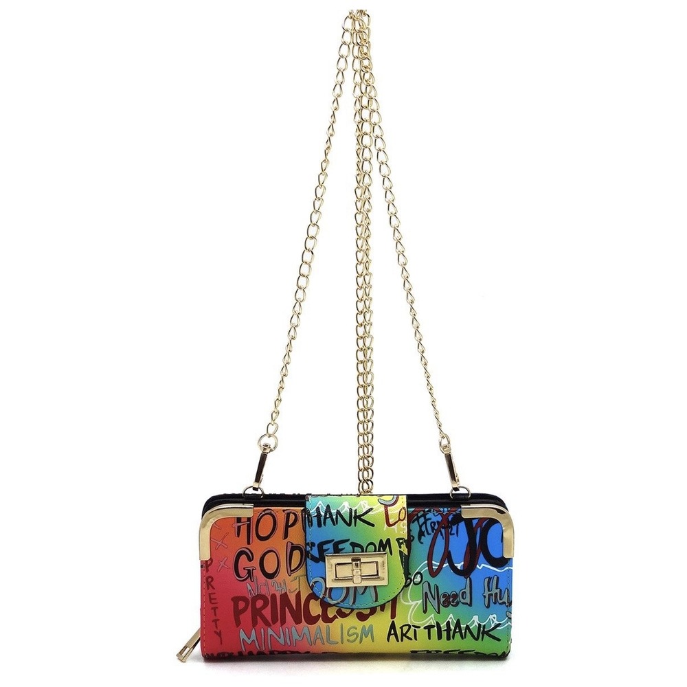 Alba‎ Multi Graffiti Turn Lock Wallet Detachable Chain Strap New With Tag